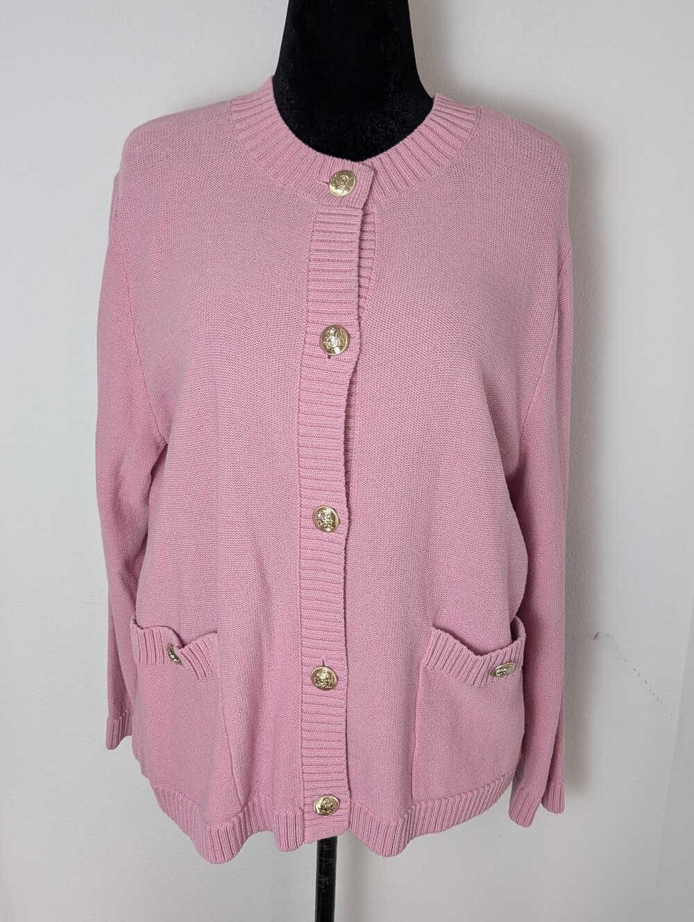 NWT Ann Taylor Pink Cardigan W Gold Buttons Size XXL Cotton Crew Neck Pockets